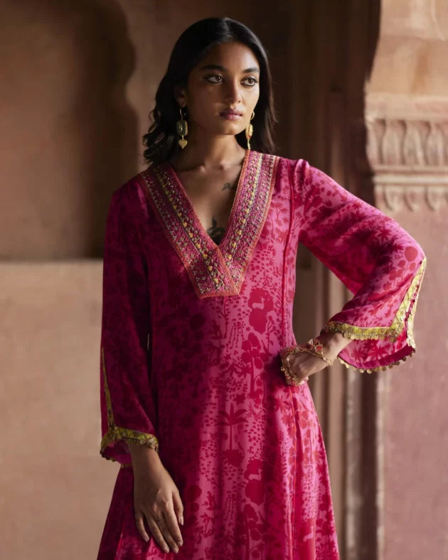 Nadira Hot Pink -Red Shadow Print Kurta Set by Rajiramniq in pink color for women in Singapore
