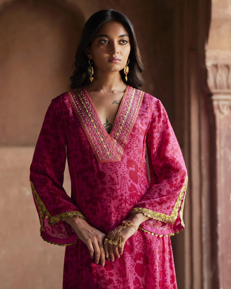 Nadira Hot Pink -Red Shadow Print Kurta Set by Rajiramniq in pink color for women in Singapore