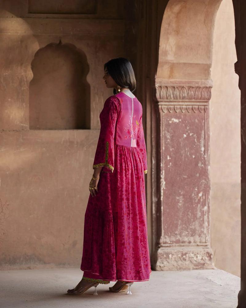 Nadira Hot Pink -Red Shadow Print Kurta Set by Rajiramniq in pink color for women in Singapore