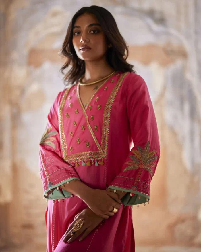 Nadira Hot Pink Silk Yoke Kurta Set silk by Rajiramniq in pink color for women in Singapore