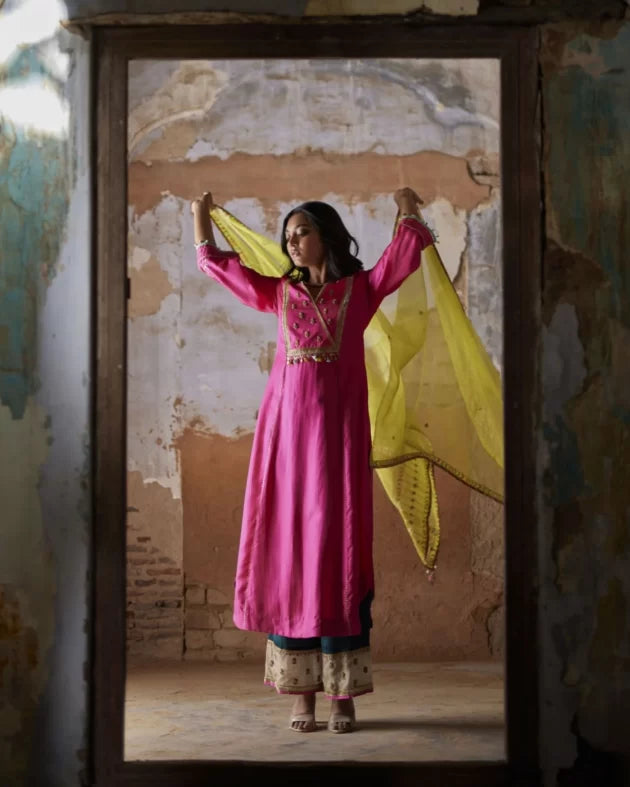 Nadira Hot Pink Silk Yoke Kurta Set silk by Rajiramniq in pink color for women in Singapore
