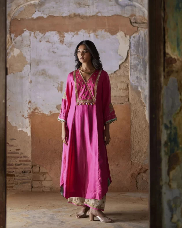 Nadira Hot Pink Silk Yoke Kurta Set silk by Rajiramniq in pink color for women in Singapore