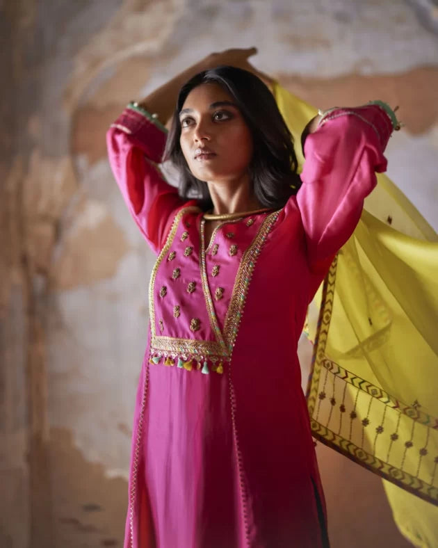 Nadira Hot Pink Silk Yoke Kurta Set silk by Rajiramniq in pink color for women in Singapore