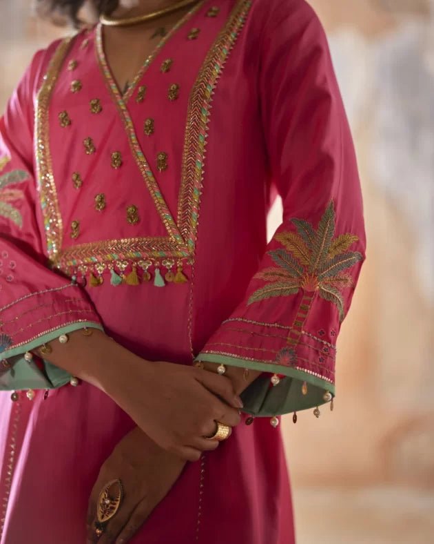 Nadira Hot Pink Silk Yoke Kurta Set silk by Rajiramniq in pink color for women in Singapore