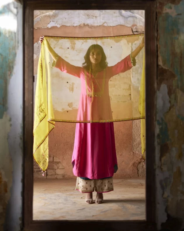 Nadira Hot Pink Silk Yoke Kurta Set silk by Rajiramniq in pink color for women in Singapore