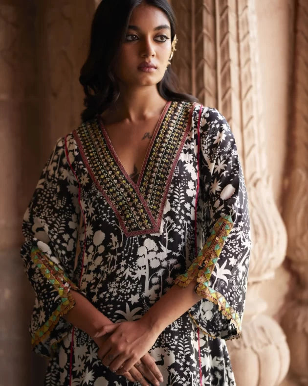 Nadira Black White Shadow Print Kurta by Rajiramniq in black color for women in Singapore