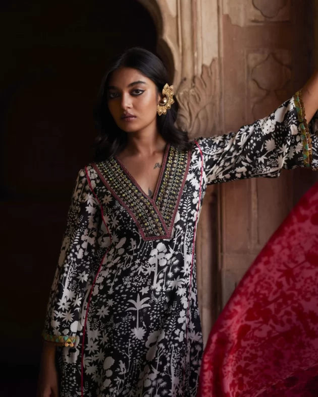 Nadira Black White Shadow Print Kurta by Rajiramniq in black color for women in Singapore