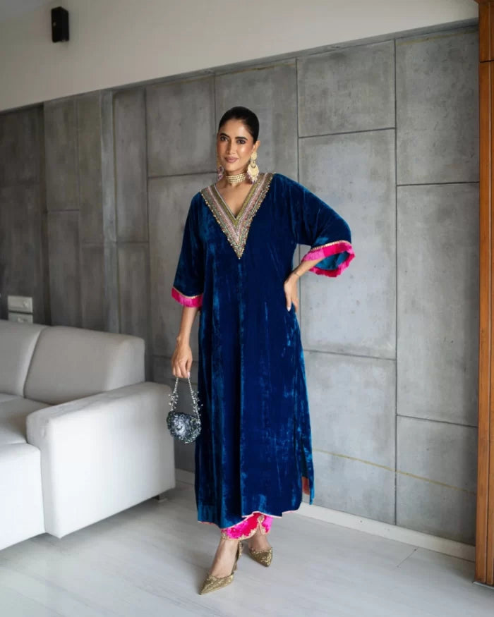 Nadira Blue Velvet Kaftan Kurta Set by Rajiramniq for women in Singapore