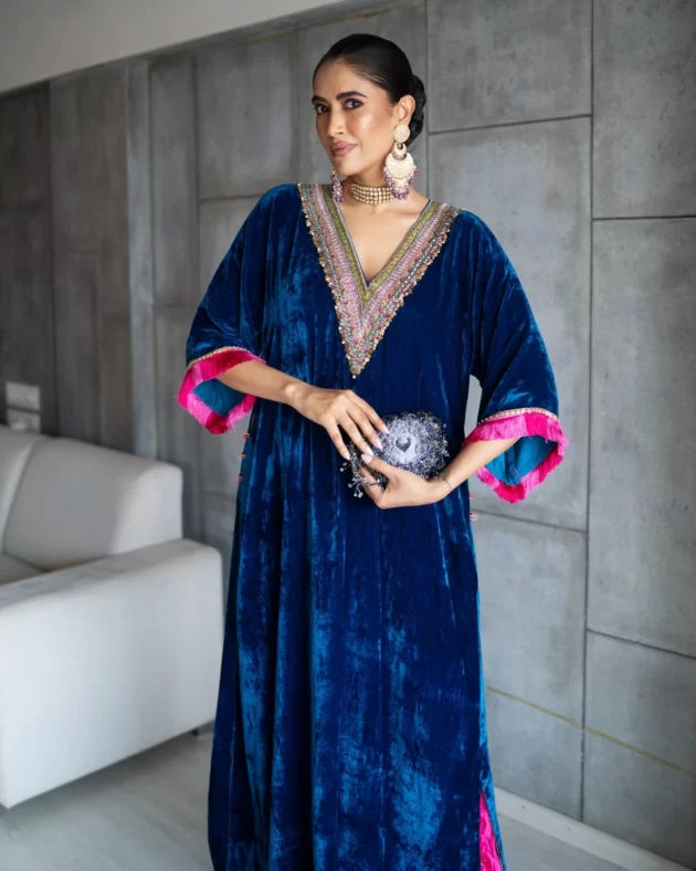 Nadira Blue Velvet Kaftan Kurta Set by Rajiramniq for women in Singapore
