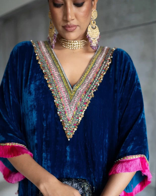 Nadira Blue Velvet Kaftan Kurta Set by Rajiramniq for women in Singapore