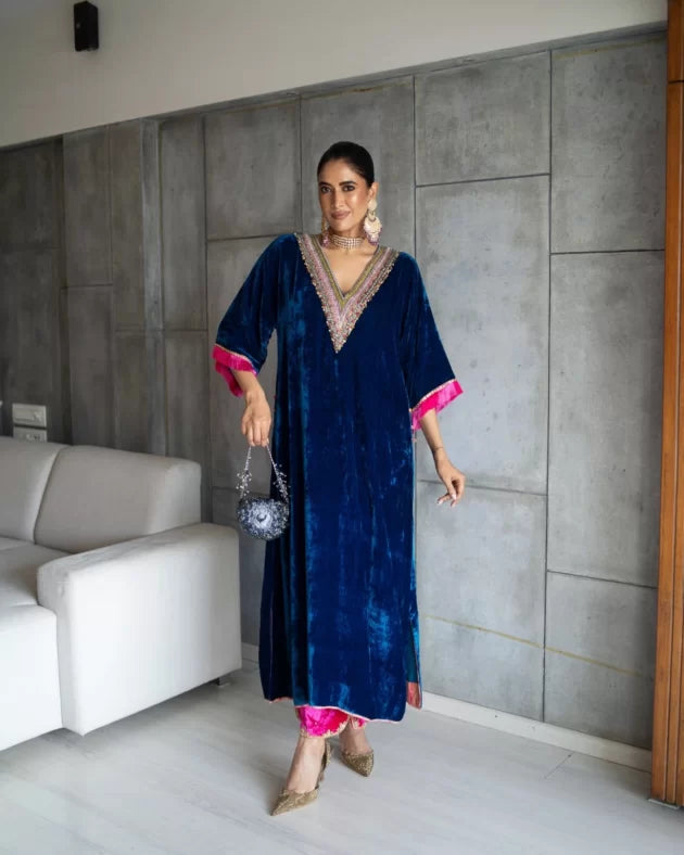 Nadira Blue Velvet Kaftan Kurta Set by Rajiramniq for women in Singapore