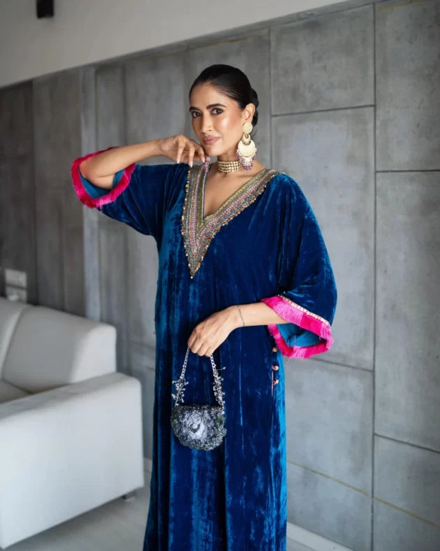 Nadira Blue Velvet Kaftan Kurta Set by Rajiramniq for women in Singapore
