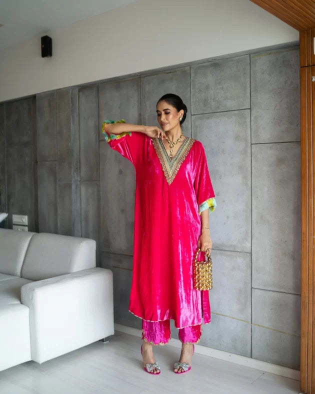 Nadira Hot Pink Velvet Kaftan Kurta Set by Rajiramniq in pink color for women in Singapore