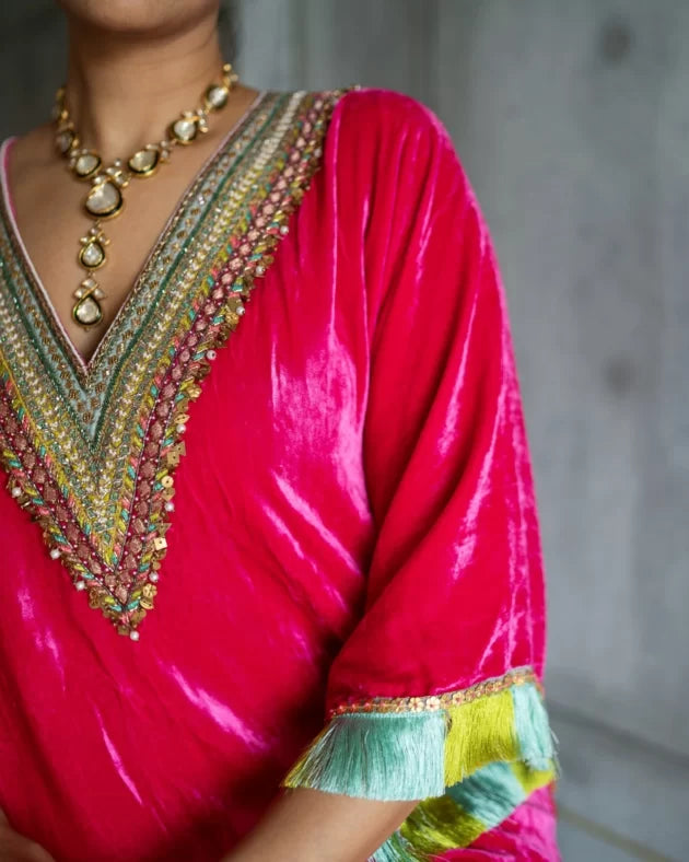 Nadira Hot Pink Velvet Kaftan Kurta Set by Rajiramniq in pink color for women in Singapore