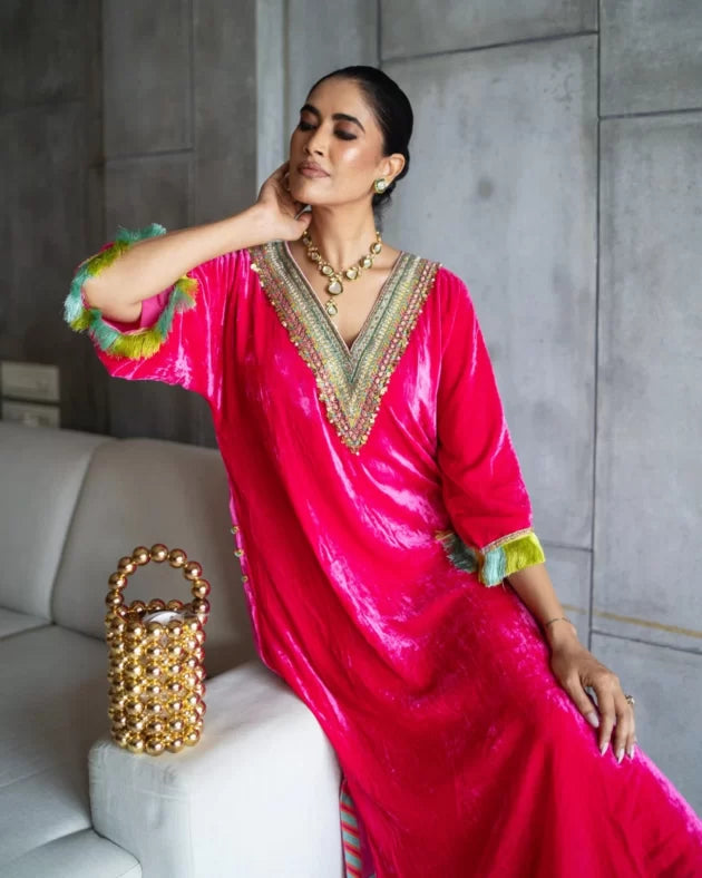 Nadira Hot Pink Velvet Kaftan Kurta Set by Rajiramniq in pink color for women in Singapore