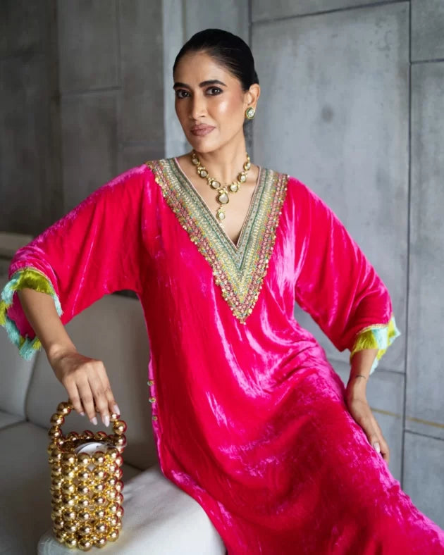 Nadira Hot Pink Velvet Kaftan Kurta Set by Rajiramniq in pink color for women in Singapore