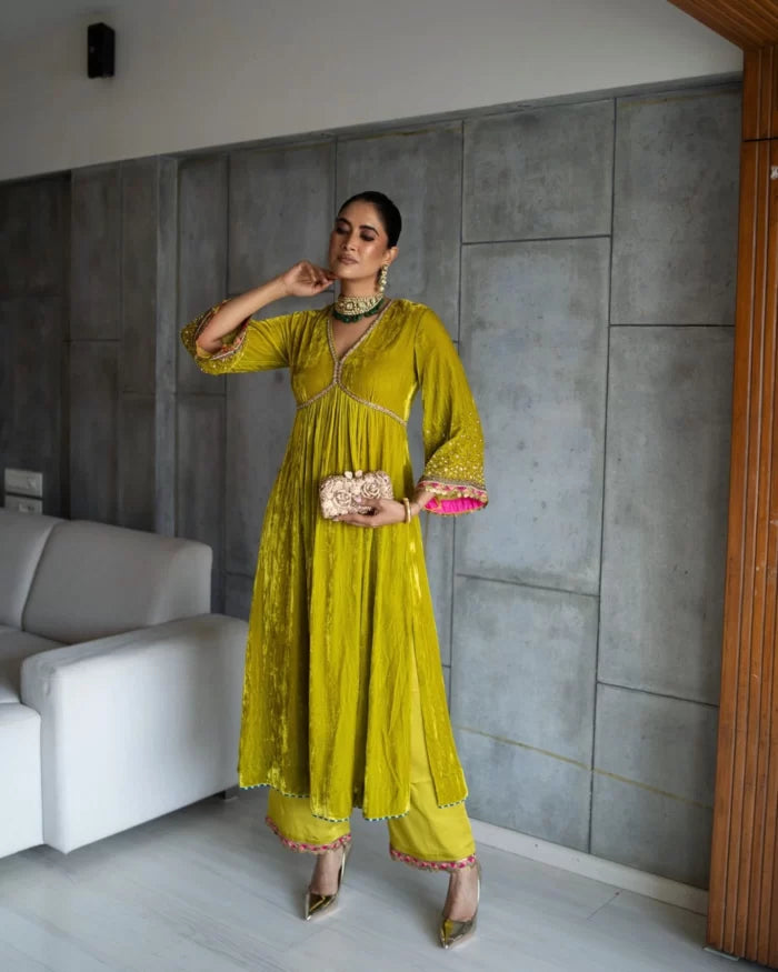 Nadira Lime Yellow Sprinkle Bell Sleeve Velvet Kurta Set by Rajiramniq for women in Singapore