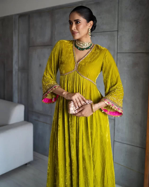 Nadira Lime Yellow Sprinkle Bell Sleeve Velvet Kurta Set by Rajiramniq for women in Singapore