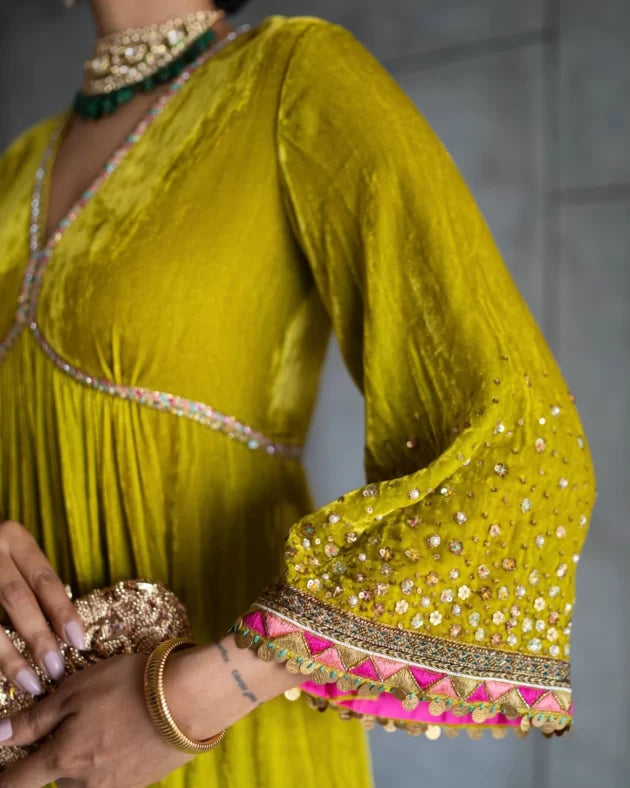 Nadira Lime Yellow Sprinkle Bell Sleeve Velvet Kurta Set by Rajiramniq for women in Singapore