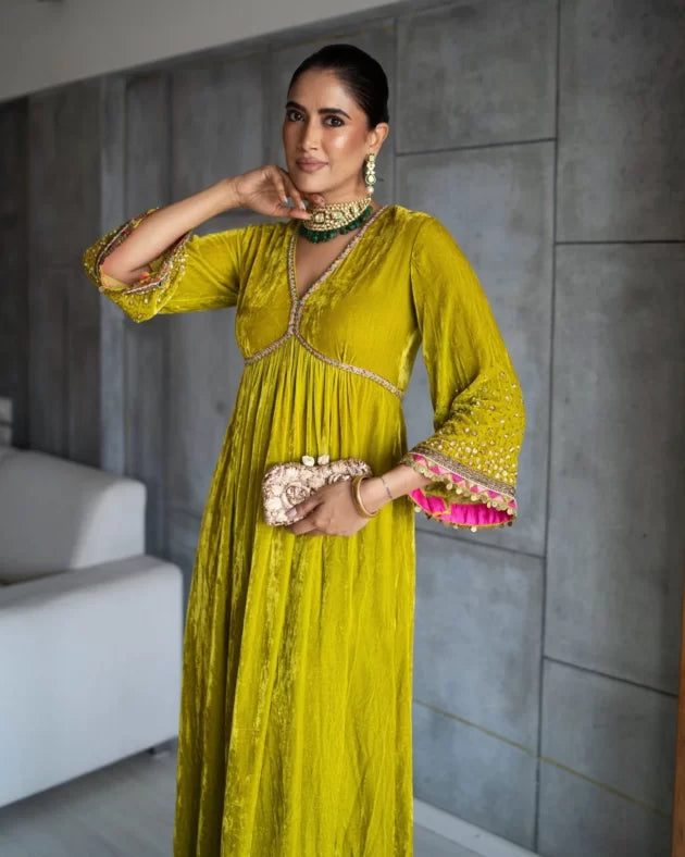 Nadira Lime Yellow Sprinkle Bell Sleeve Velvet Kurta Set by Rajiramniq for women in Singapore