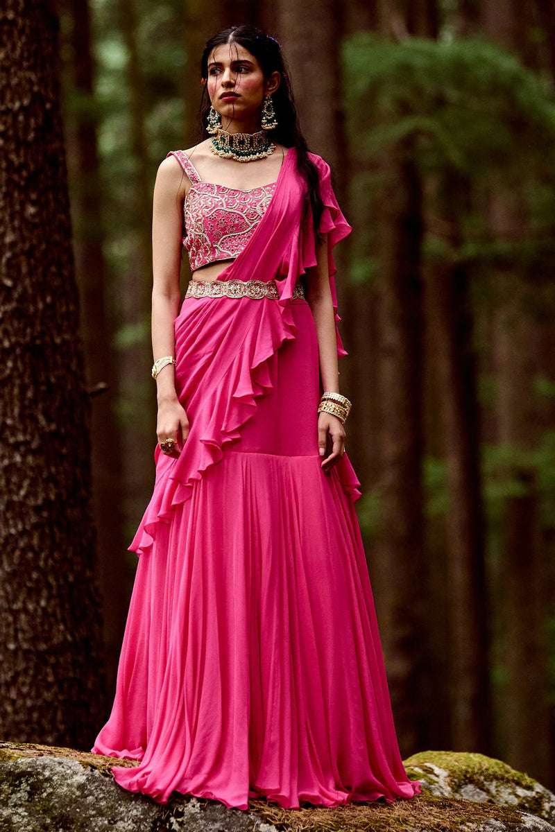 Naomi Saree Set georgettte by Paulmi & Harsh-kahan Sep'26 in pink for women in Singapore