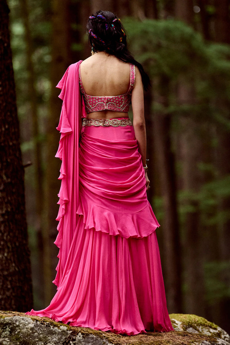Naomi Saree Set georgettte by Paulmi & Harsh-kahan Sep'26 in pink for women in Singapore