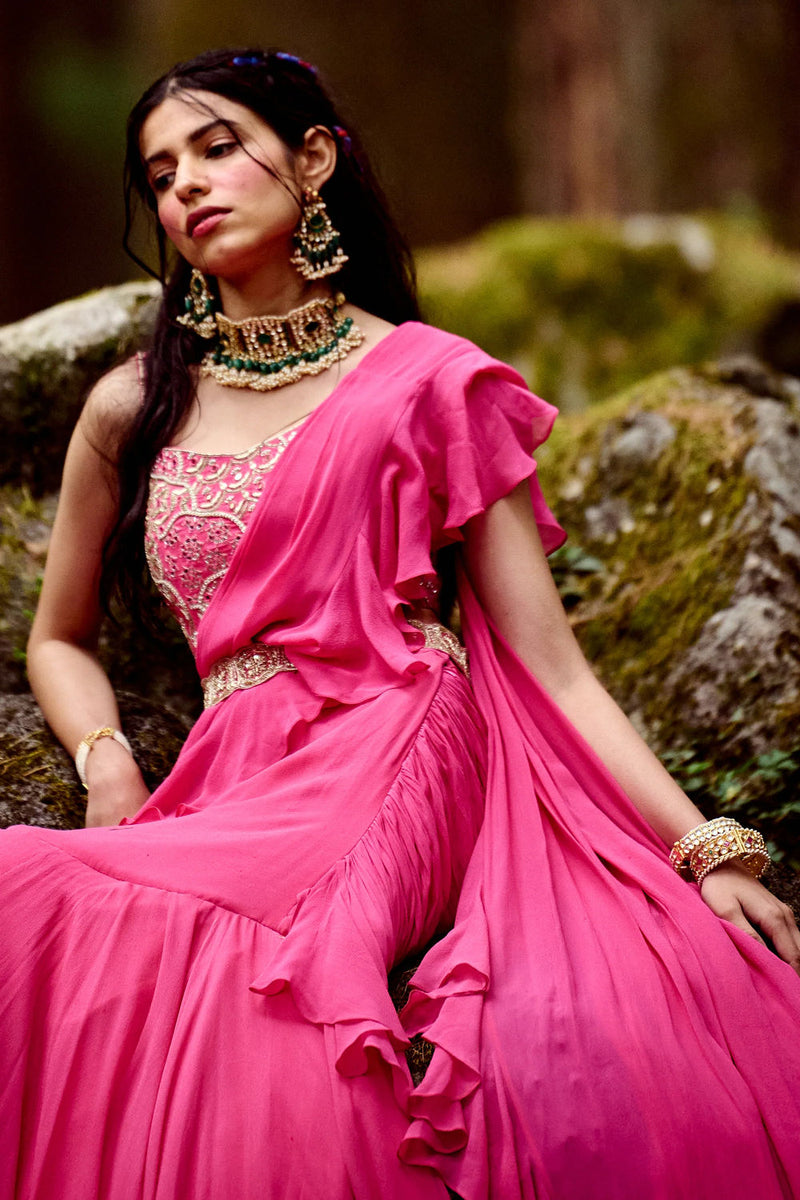 Naomi Saree Set georgettte by Paulmi & Harsh-kahan Sep'26 in pink for women in Singapore