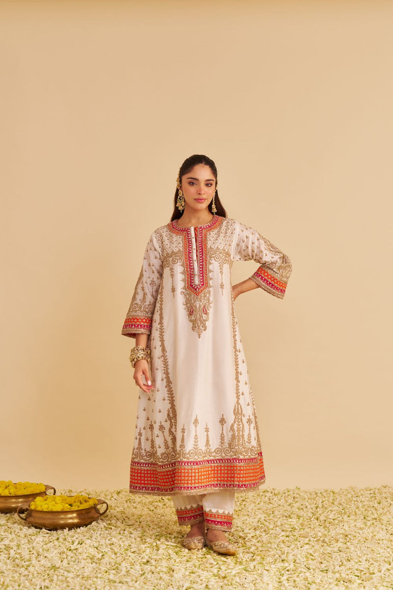Nargis - Dabka Zardozi Embroidered Rich Banarasi Kalidaar Daisy Ivory Long Chauga Set satin by SHEETAL BATRA in ivory color for women in Singapore