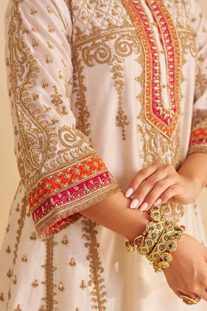 Nargis - Dabka Zardozi Embroidered Rich Banarasi Kalidaar Daisy Ivory Long Chauga Set satin by SHEETAL BATRA in ivory color for women in Singapore