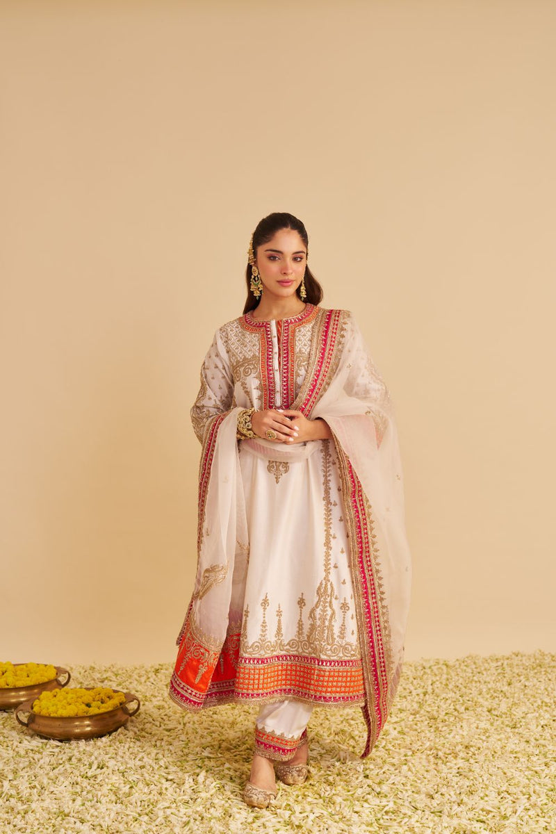 Nargis - Dabka Zardozi Embroidered Rich Banarasi Kalidaar Daisy Ivory Long Chauga Set satin by SHEETAL BATRA in ivory color for women in Singapore