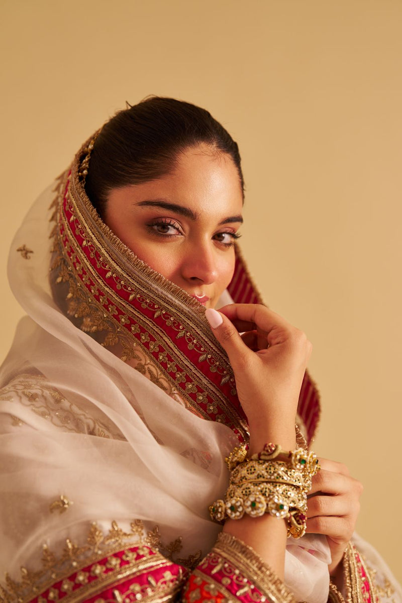 Nargis - Dabka Zardozi Embroidered Rich Banarasi Kalidaar Daisy Ivory Long Chauga Set satin by SHEETAL BATRA in ivory color for women in Singapore