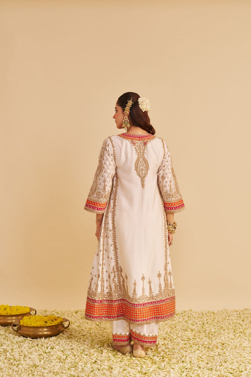 Nargis - Dabka Zardozi Embroidered Rich Banarasi Kalidaar Daisy Ivory Long Chauga Set satin by SHEETAL BATRA in ivory color for women in Singapore