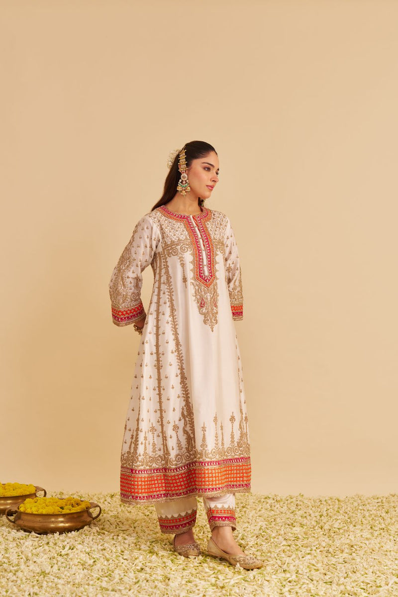 Nargis - Dabka Zardozi Embroidered Rich Banarasi Kalidaar Daisy Ivory Long Chauga Set satin by SHEETAL BATRA in ivory color for women in Singapore