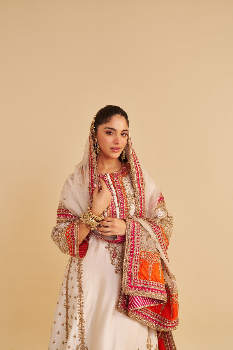 Nargis - Dabka Zardozi Embroidered Rich Banarasi Kalidaar Daisy Ivory Long Chauga Set satin by SHEETAL BATRA in ivory color for women in Singapore