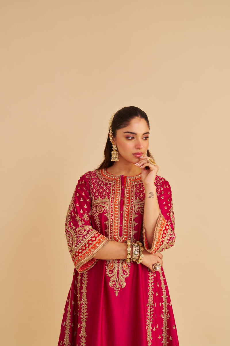 Nargis - Dabka Zardozi Embroidered Rich Banarasi Kalidaar Hotpink Long Chauga Set satin by SHEETAL BATRA in pink color for women in Singapore