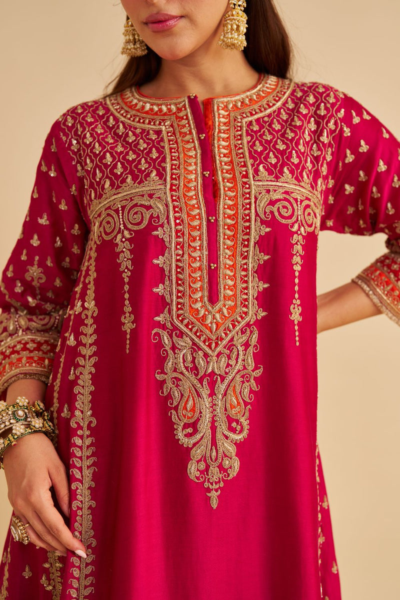 Nargis - Dabka Zardozi Embroidered Rich Banarasi Kalidaar Hotpink Long Chauga Set satin by SHEETAL BATRA in pink color for women in Singapore