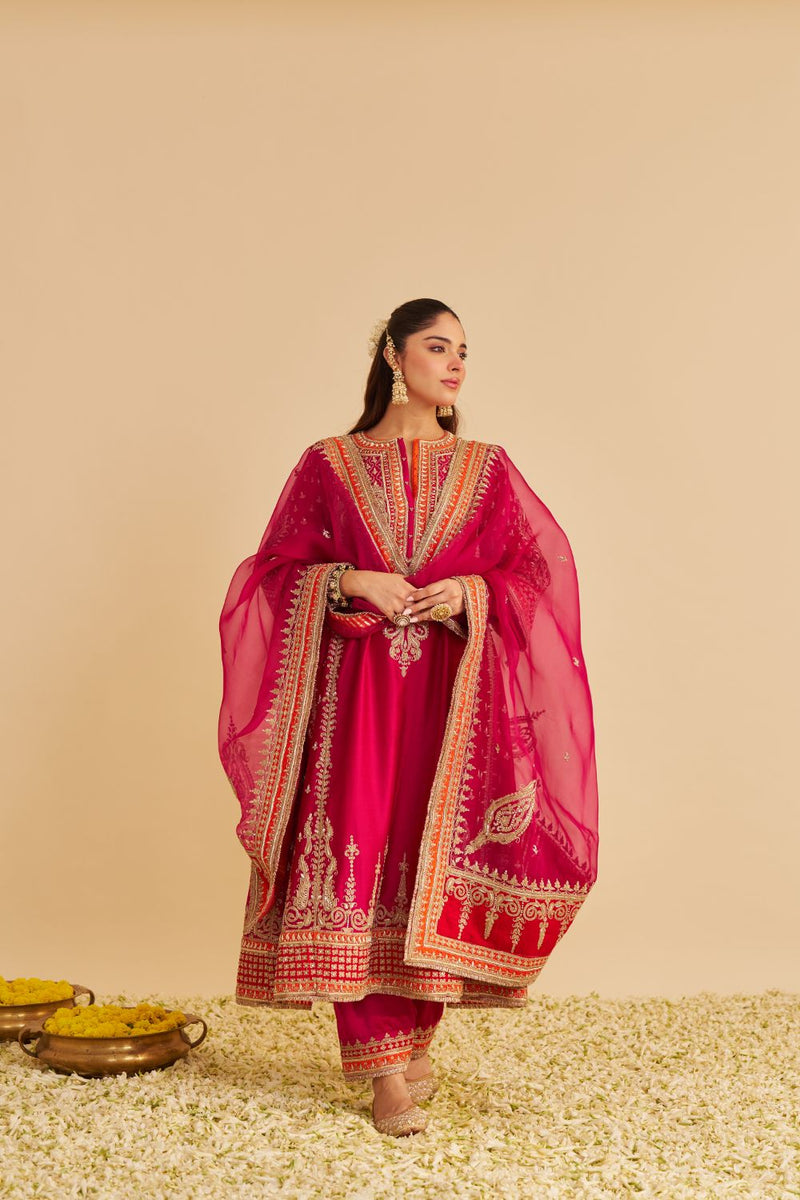 Nargis - Dabka Zardozi Embroidered Rich Banarasi Kalidaar Hotpink Long Chauga Set satin by SHEETAL BATRA in pink color for women in Singapore