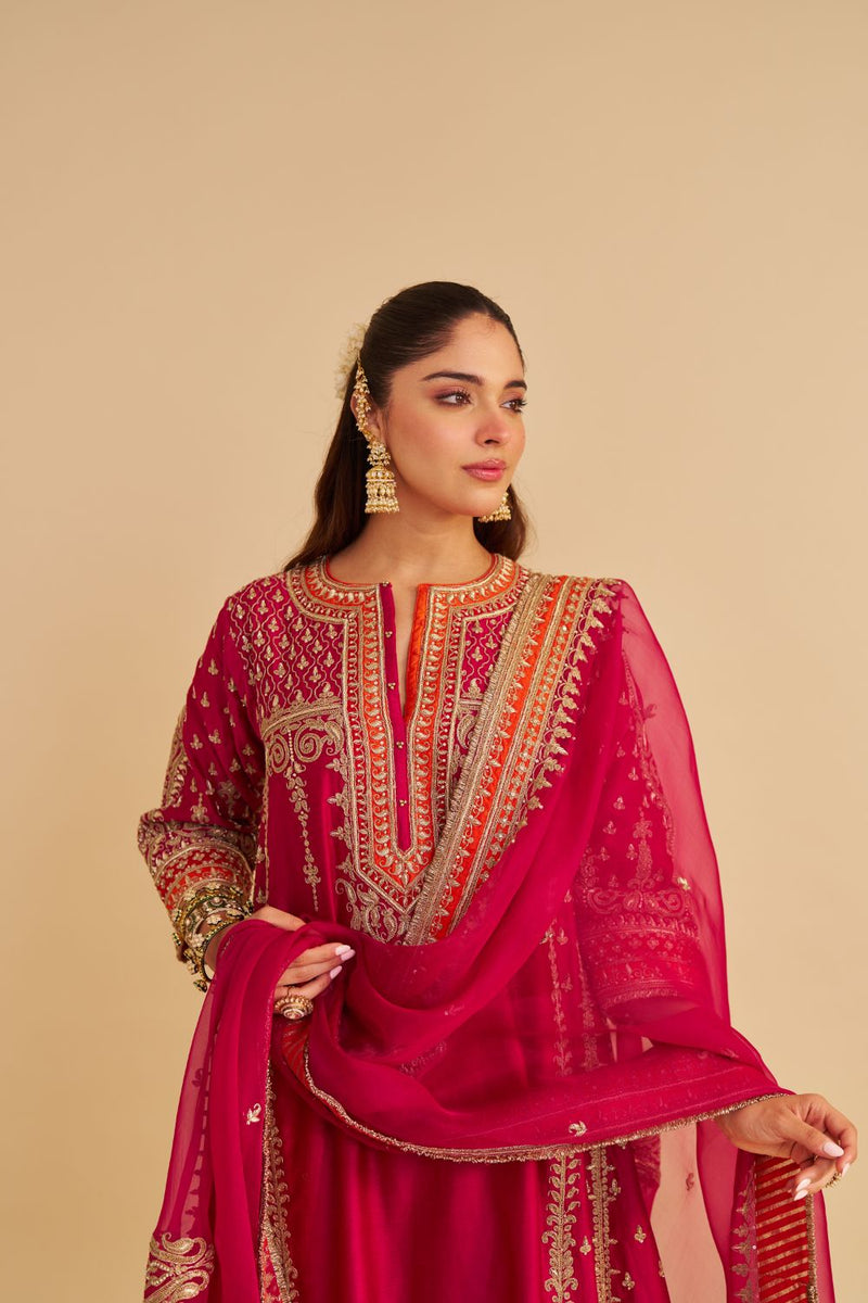 Nargis - Dabka Zardozi Embroidered Rich Banarasi Kalidaar Hotpink Long Chauga Set satin by SHEETAL BATRA in pink color for women in Singapore