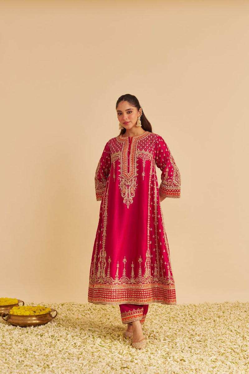Nargis - Dabka Zardozi Embroidered Rich Banarasi Kalidaar Hotpink Long Chauga Set satin by SHEETAL BATRA in pink color for women in Singapore