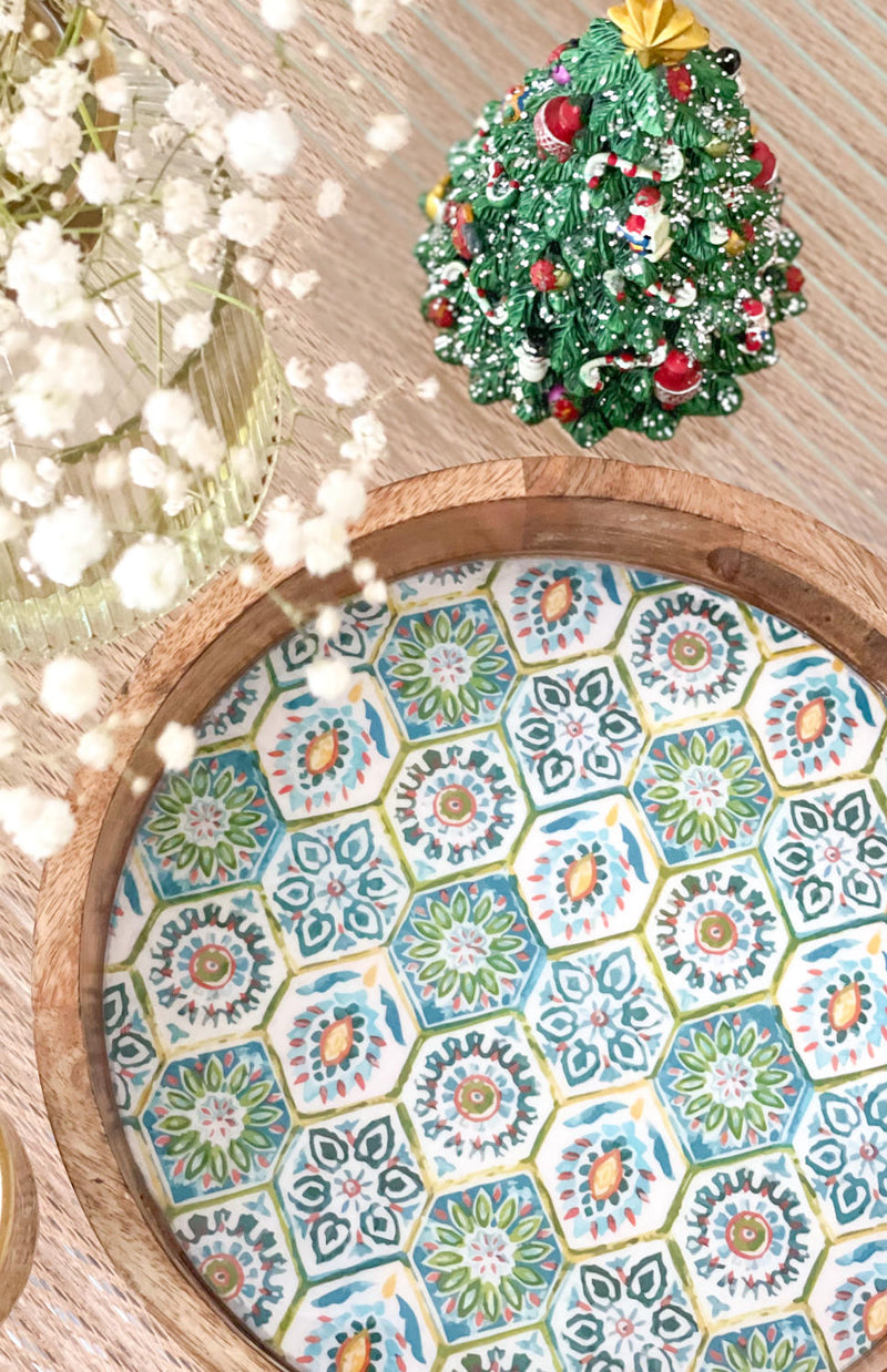 WOOD ROUND-GREEN MOSAIC
