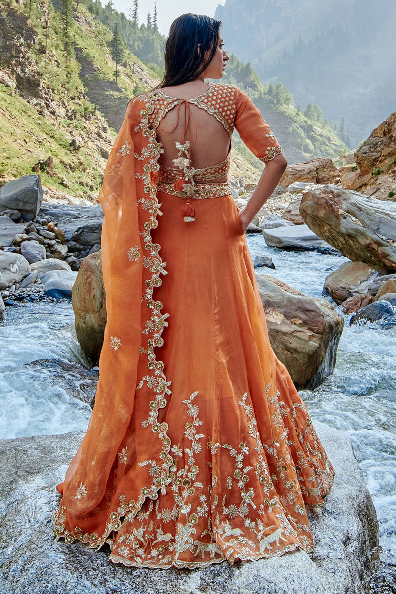 Nigella Lehenga Set tissue by Paulmi & Harsh-kahan Sep'26 in orange for women in Singapore
