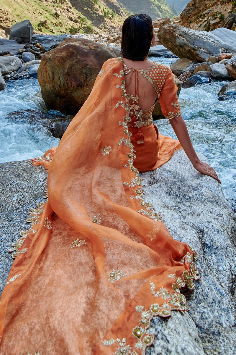 Nigella Lehenga Set tissue by Paulmi & Harsh-kahan Sep'26 in orange for women in Singapore