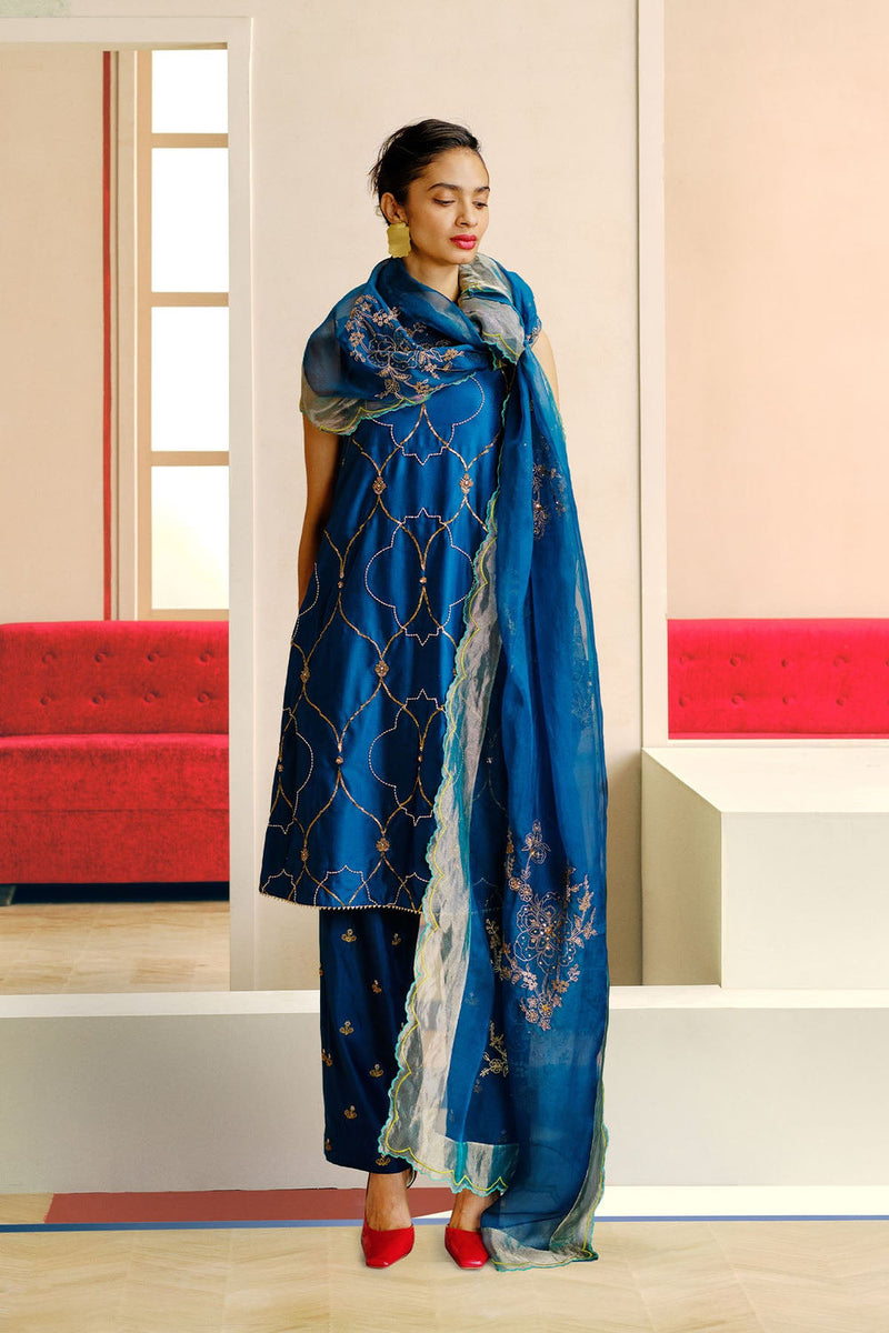 Niloufer Deep Teal Scallop Embroidery Kurta Set silk, organza kurta/kurta set by Rajiramniq in teal for women in Singapore