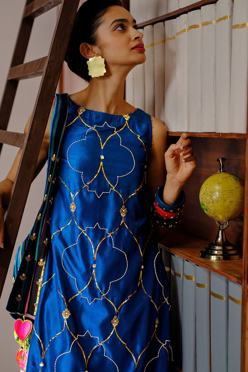Niloufer Deep Teal Scallop Embroidery Kurta Set silk, organza kurta/kurta set by Rajiramniq in teal for women in Singapore