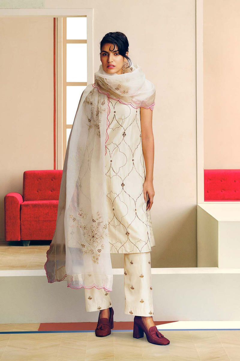 Niloufer Ivory Scallop Embroidery Kurta Set silk, organza kurta/kurta set by Rajiramniq in ivory for women in Singapore
