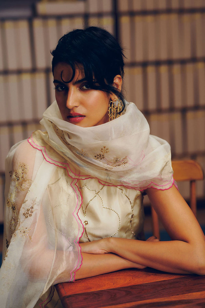 Niloufer Ivory Scallop Embroidery Kurta Set silk, organza kurta/kurta set by Rajiramniq in ivory for women in Singapore