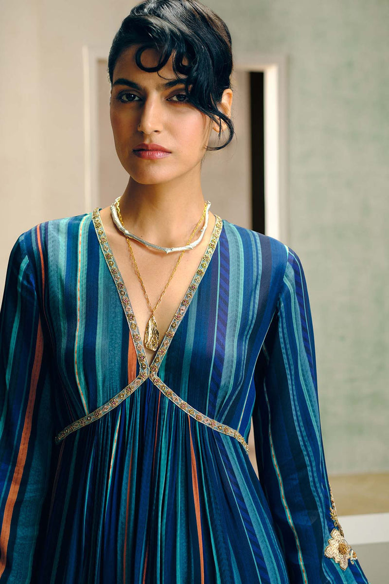 Niloufer Teal-Powder Blue Stripe Alia Cut Kurta Set crepe, modal satin kurta/kurta set by Rajiramniq in teal for women in Singapore