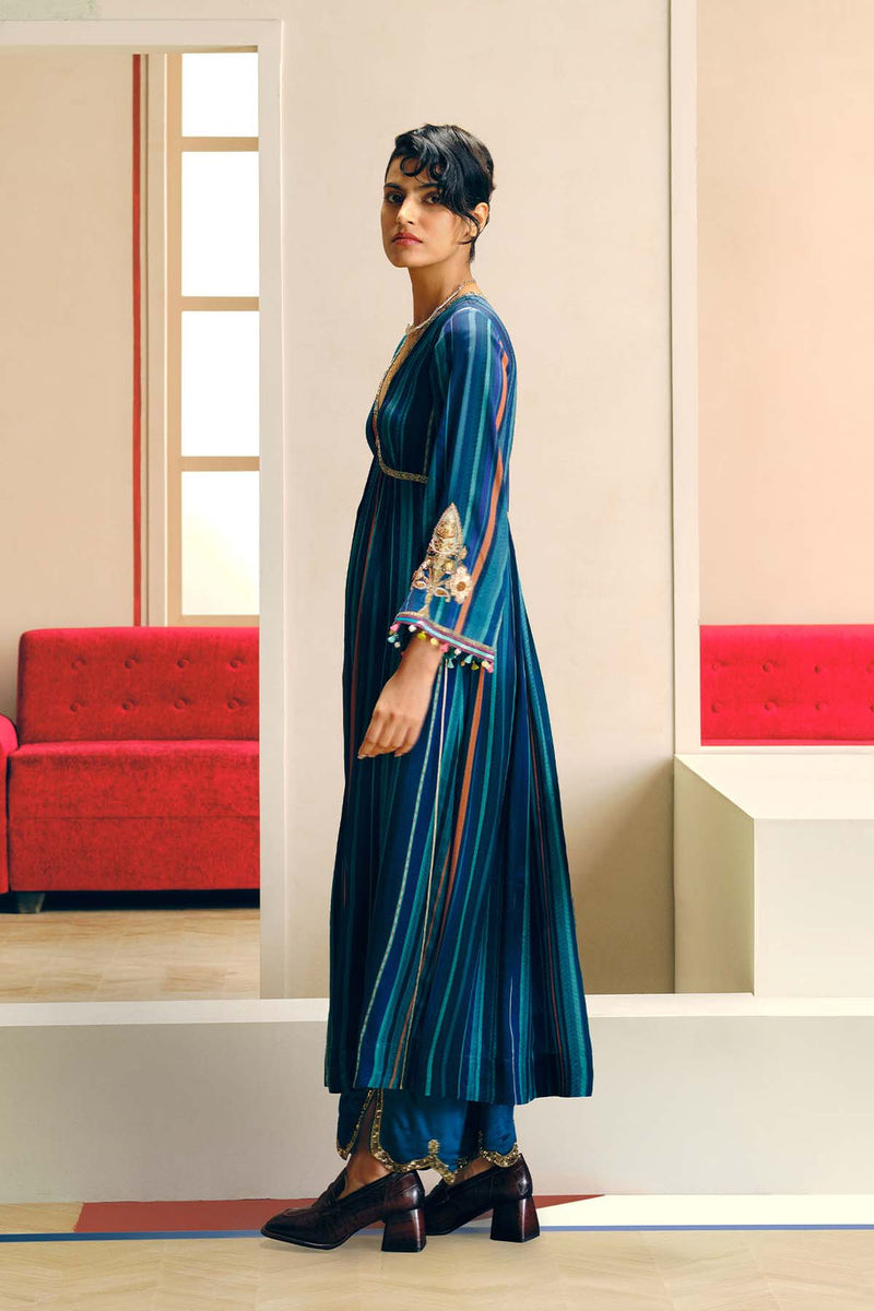 Niloufer Teal-Powder Blue Stripe Alia Cut Kurta Set crepe, modal satin kurta/kurta set by Rajiramniq in teal for women in Singapore