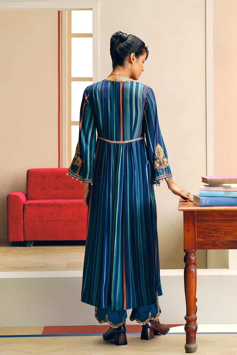 Niloufer Teal-Powder Blue Stripe Alia Cut Kurta Set crepe, modal satin kurta/kurta set by Rajiramniq in teal for women in Singapore
