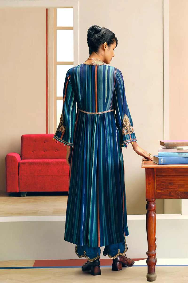 RRFP26-7 RR129409 STRIPE ALIA CUT KURTA SET (TEAL BLUE)-Size L